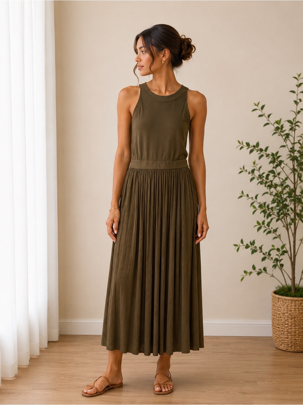 Catherine Malandrino Olive Green Pleated Maxi Dress Size 8 Sleeveless - Picture 1 of 5